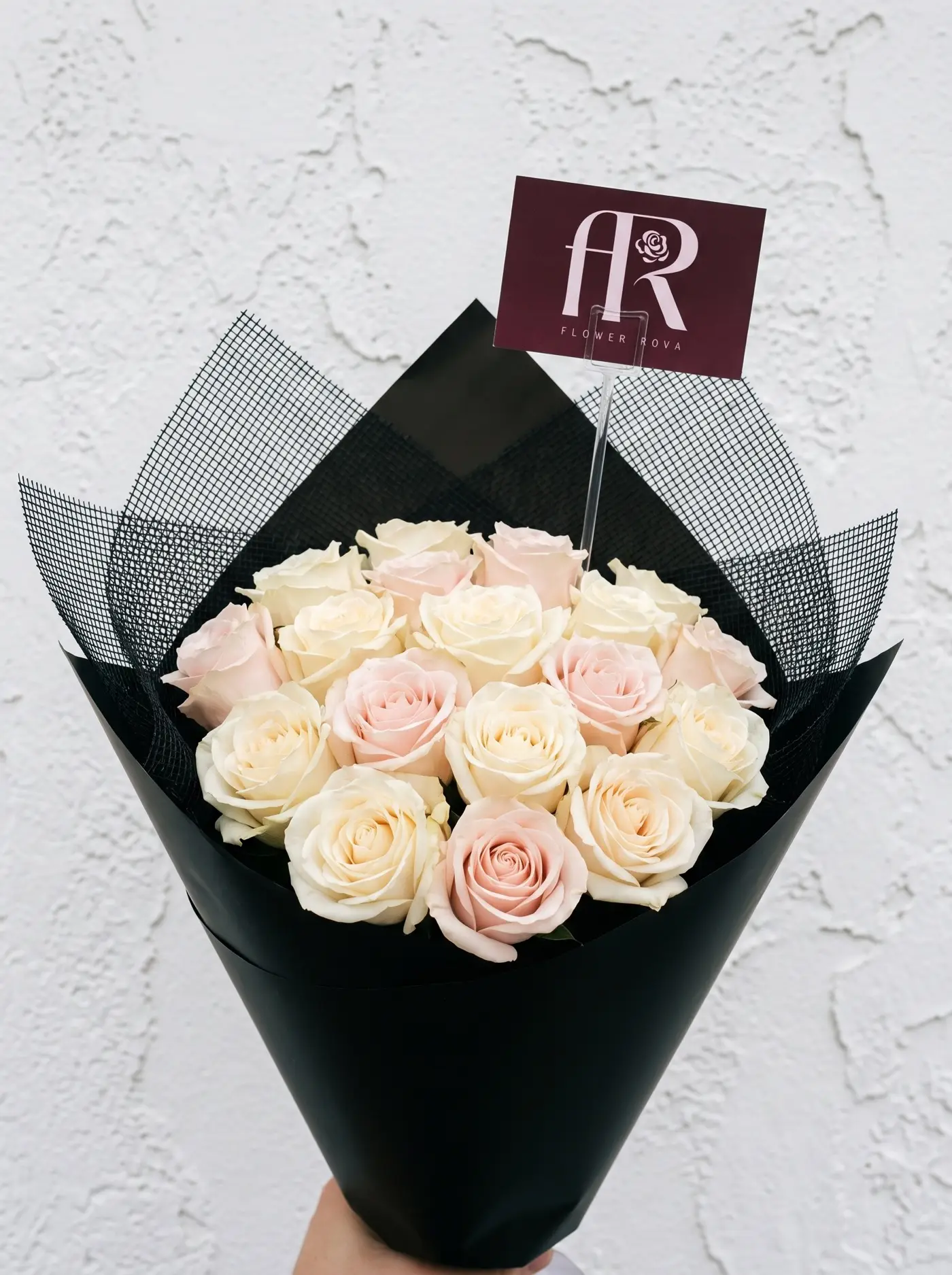White + Pink Mix roses hand-tied by FlowerRova, Bangkok