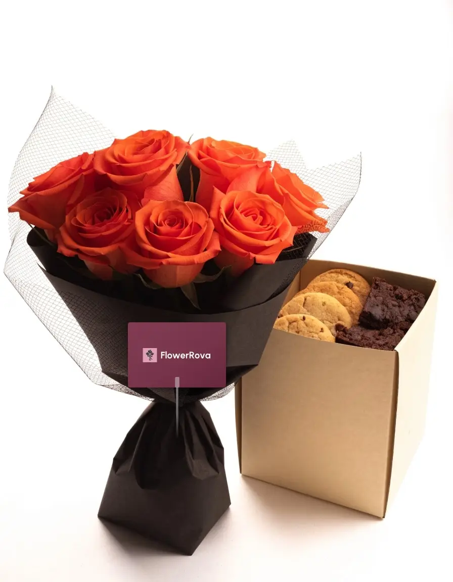 10 Orange Roses beside a cookie & brownie box (box), product visualisation