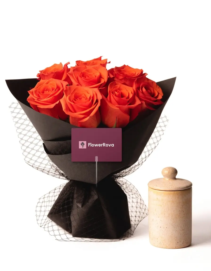 10 Orange Roses beside a personalised keepsake, product visualisation
