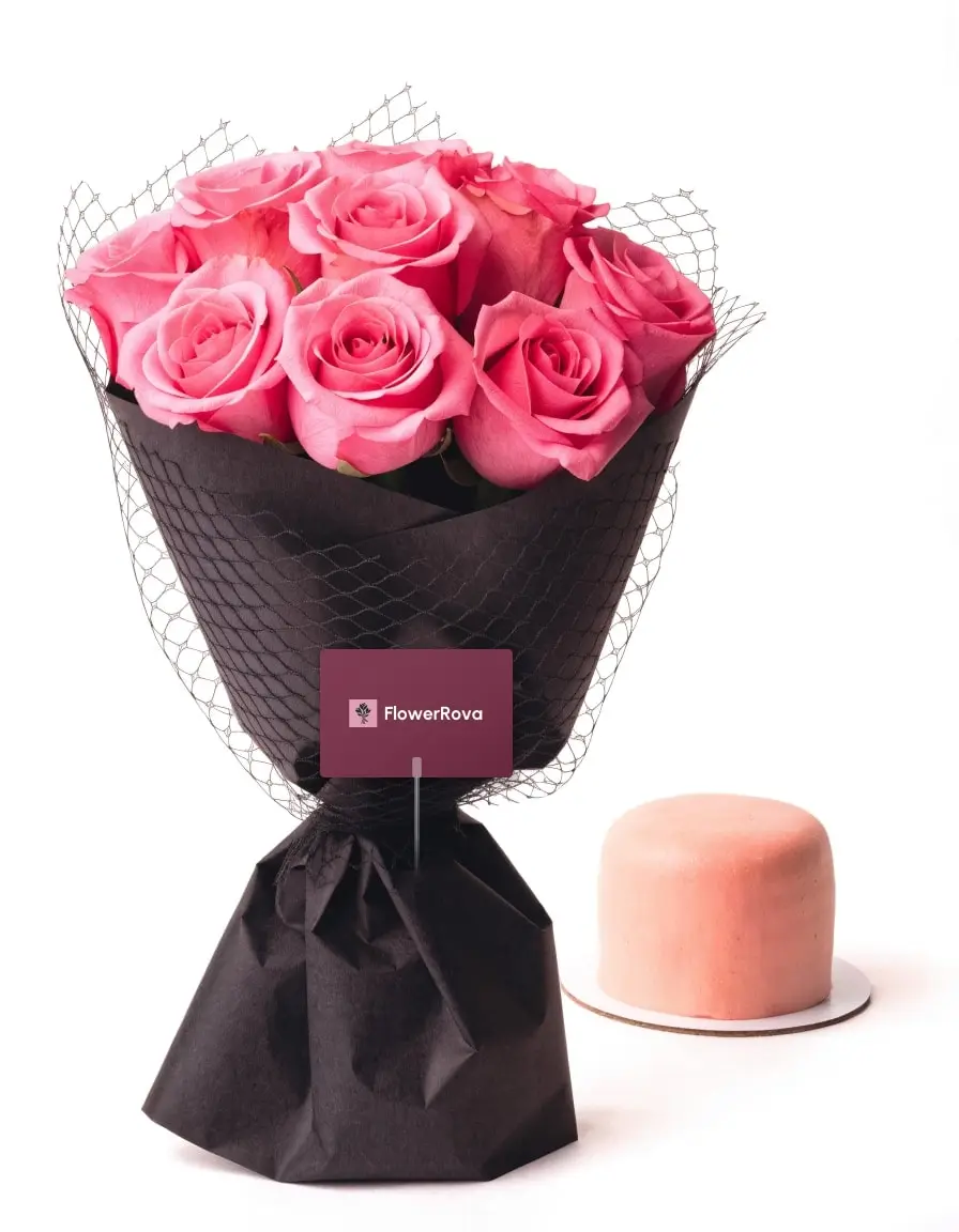 10 Pink Roses beside a cartoon cake (1 lb), product visualisation