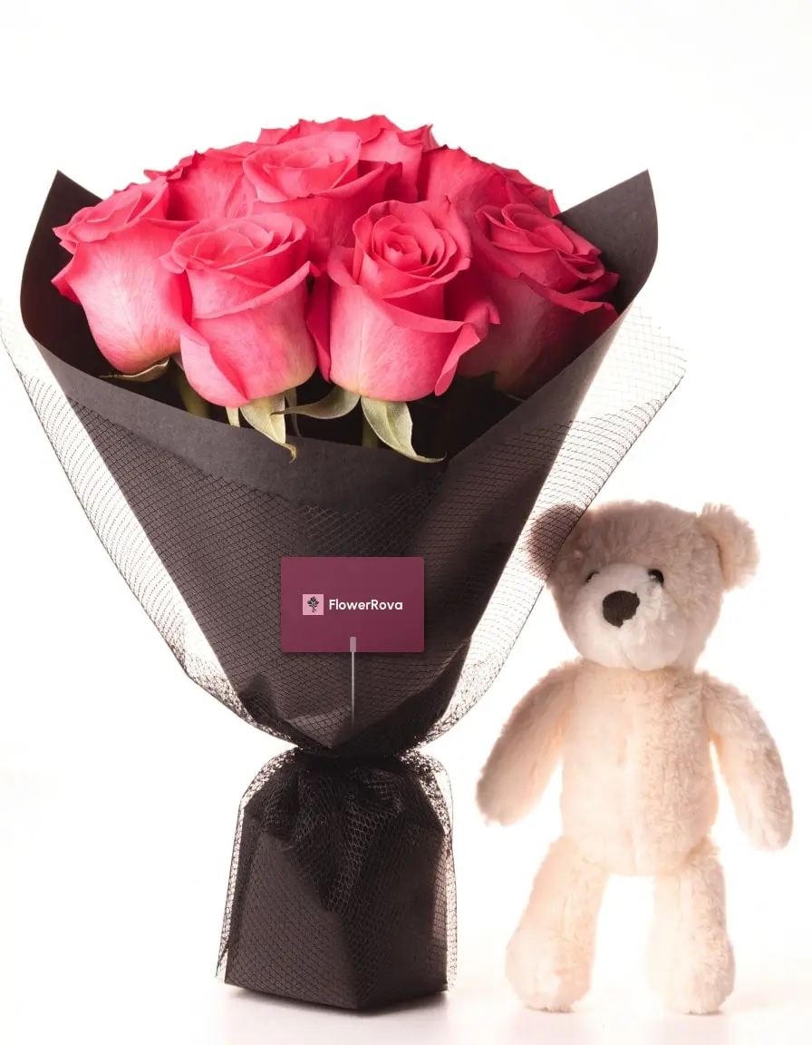 10 Pink Roses beside a plush bear, product visualisation