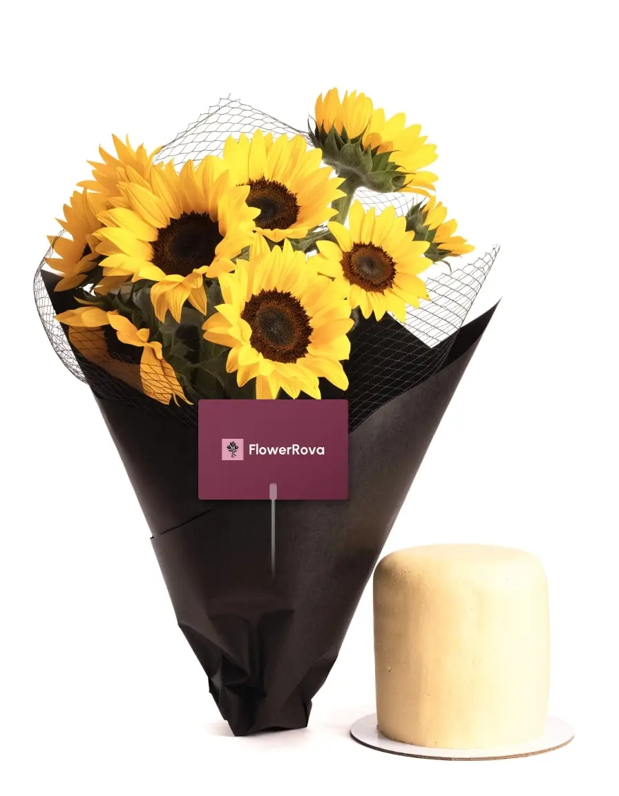 10 Sunflowers beside a cartoon cake (1 lb), product visualisation