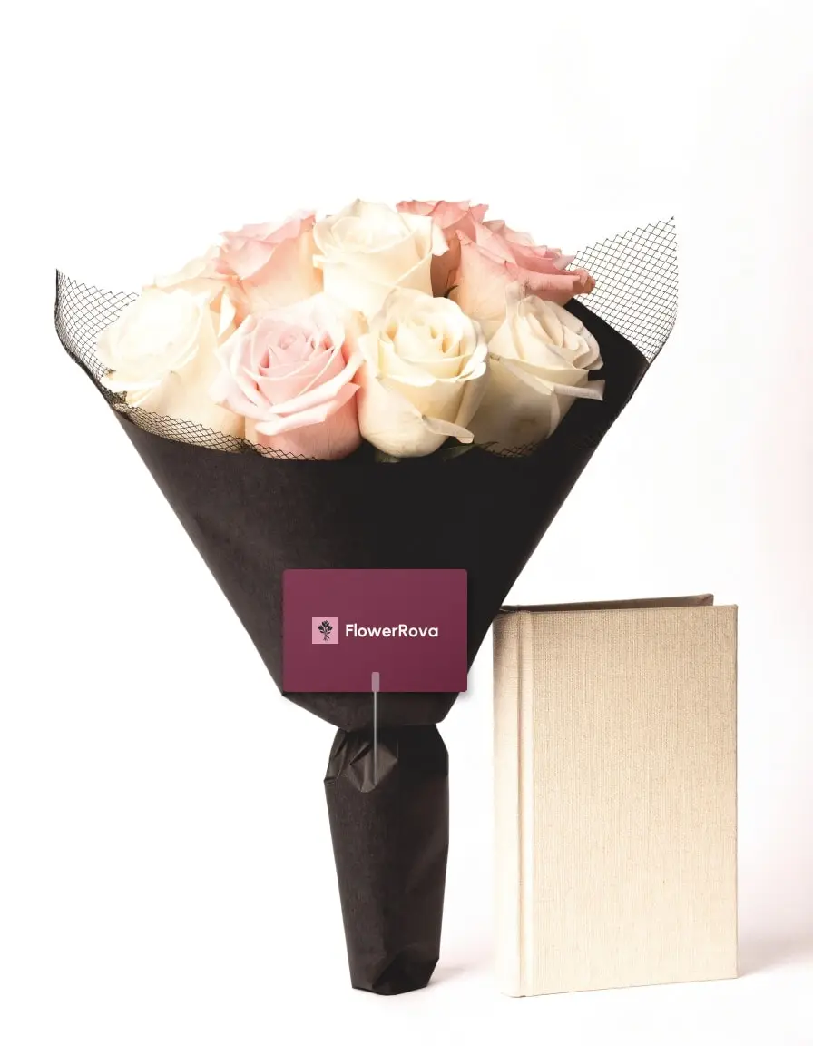 10 White + Pink Roses beside a book, product visualisation