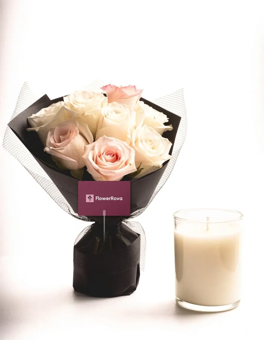10 White + Pink Roses beside a scented candle, product visualisation