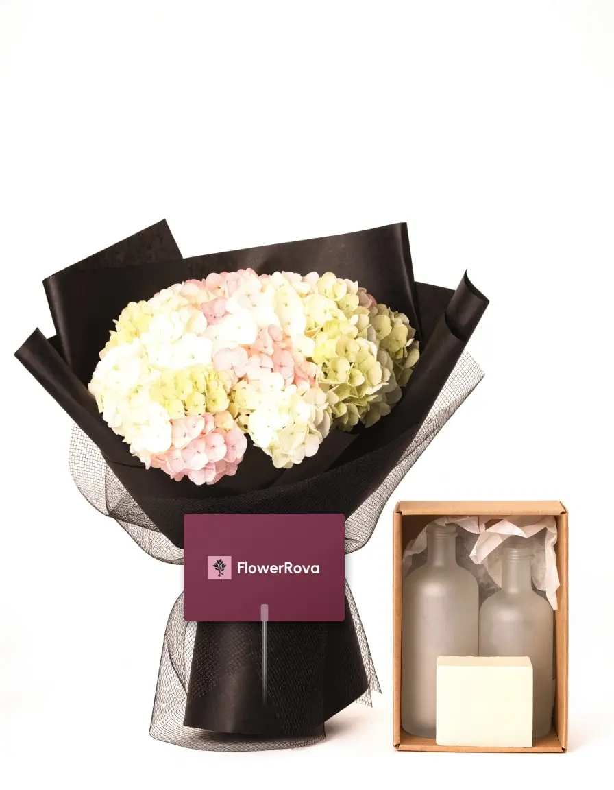 20 Hydrangeas beside a relaxation set (tea, a candle and a reed diffuser), product visualisation