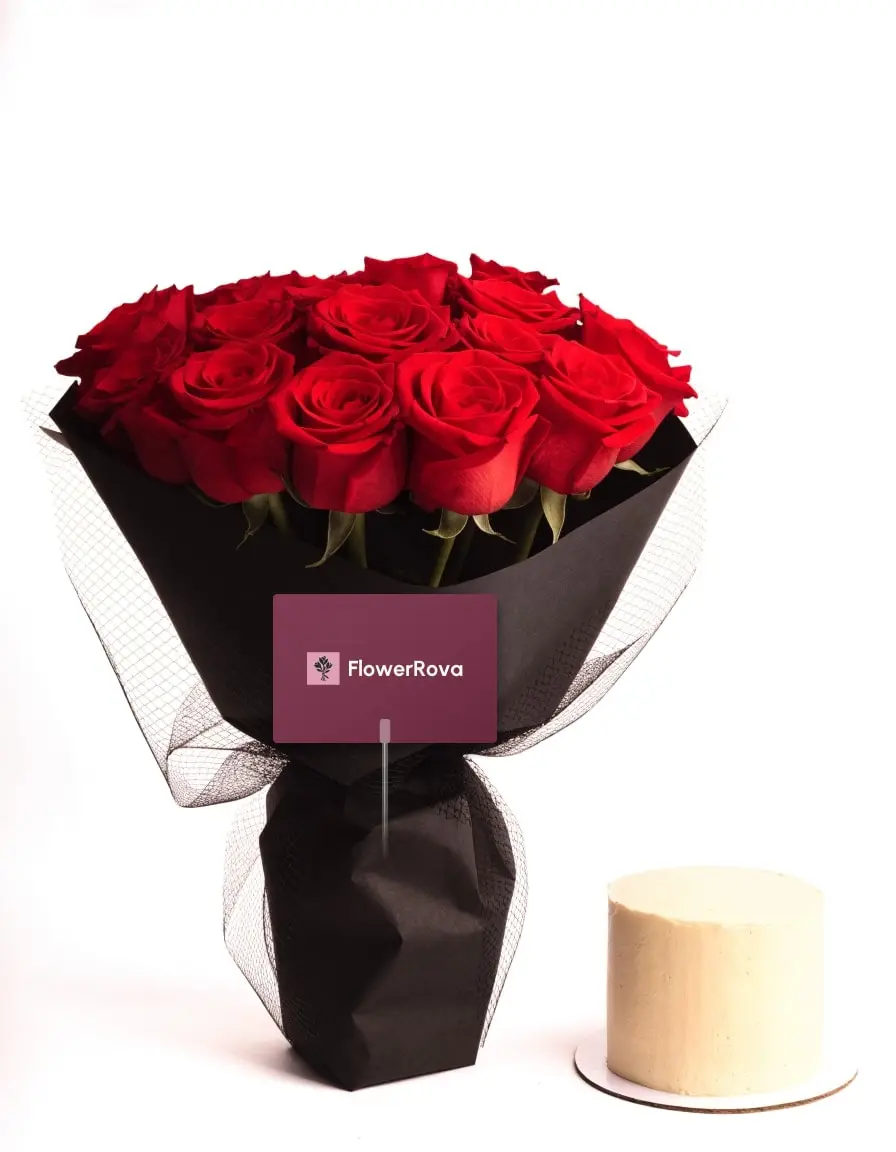 20 Red Roses beside a cake (1 lb), product visualisation
