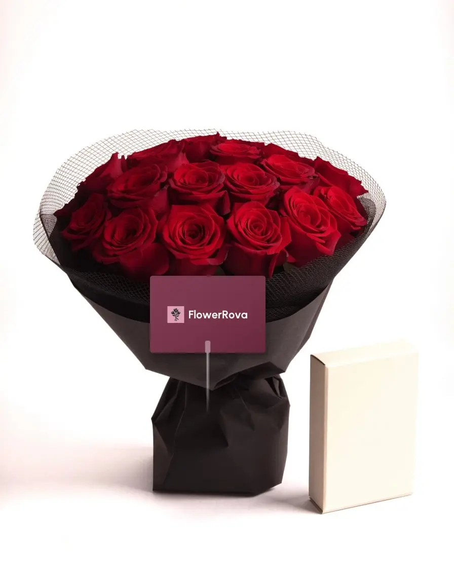 20 Red Roses beside an open box of assorted chocolates (12 pieces), product visualisation
