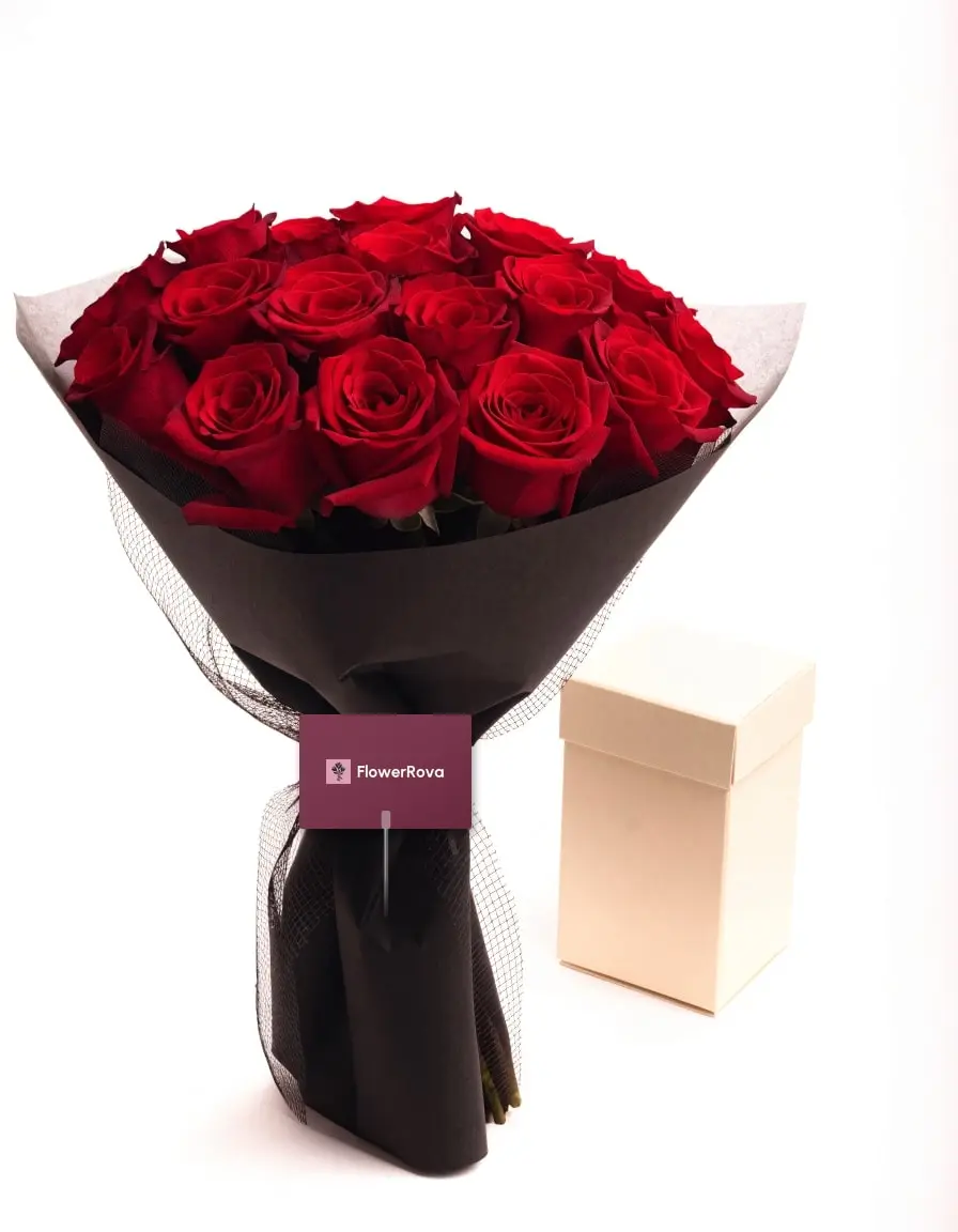 20 Red Roses beside an open box of assorted chocolates (5 pieces), product visualisation