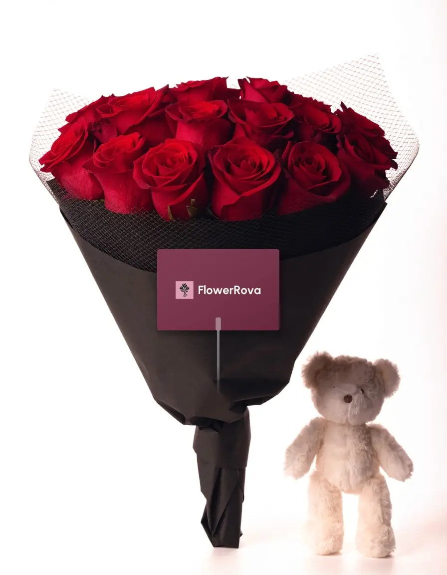20 Red Roses beside a plush bear, product visualisation