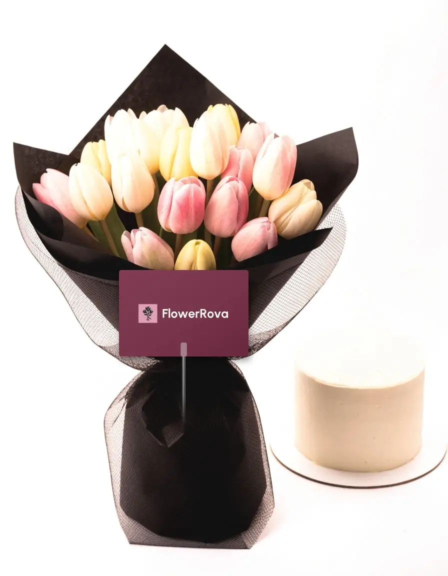 20 Tulips beside a cake (0.5 lb), product visualisation