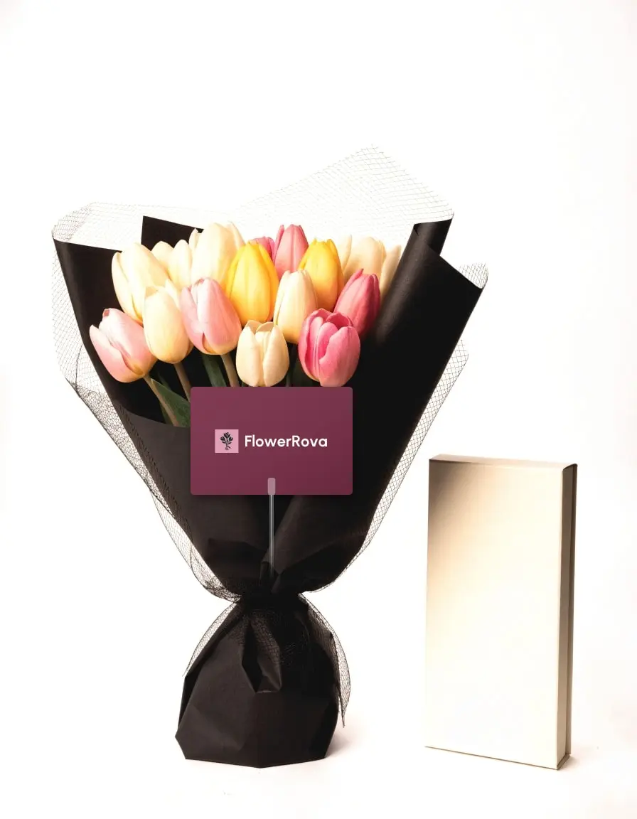 20 Tulips beside an open box of assorted chocolates (12 pieces), product visualisation