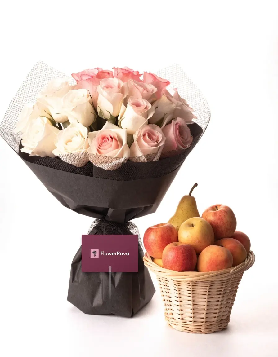 20 White + Pink Roses beside a fruit basket, product visualisation