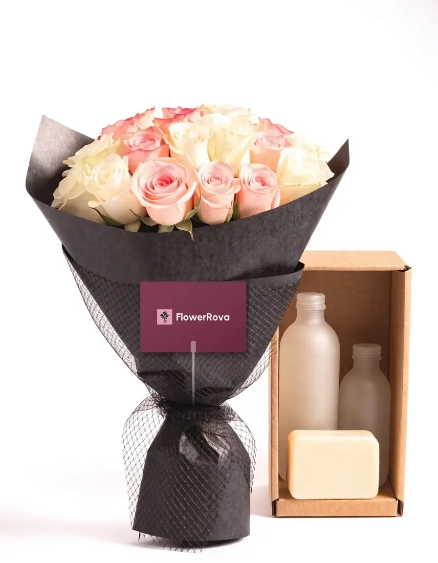 20 White + Pink Roses beside a relaxation set (tea, a candle and a reed diffuser), product visualisation