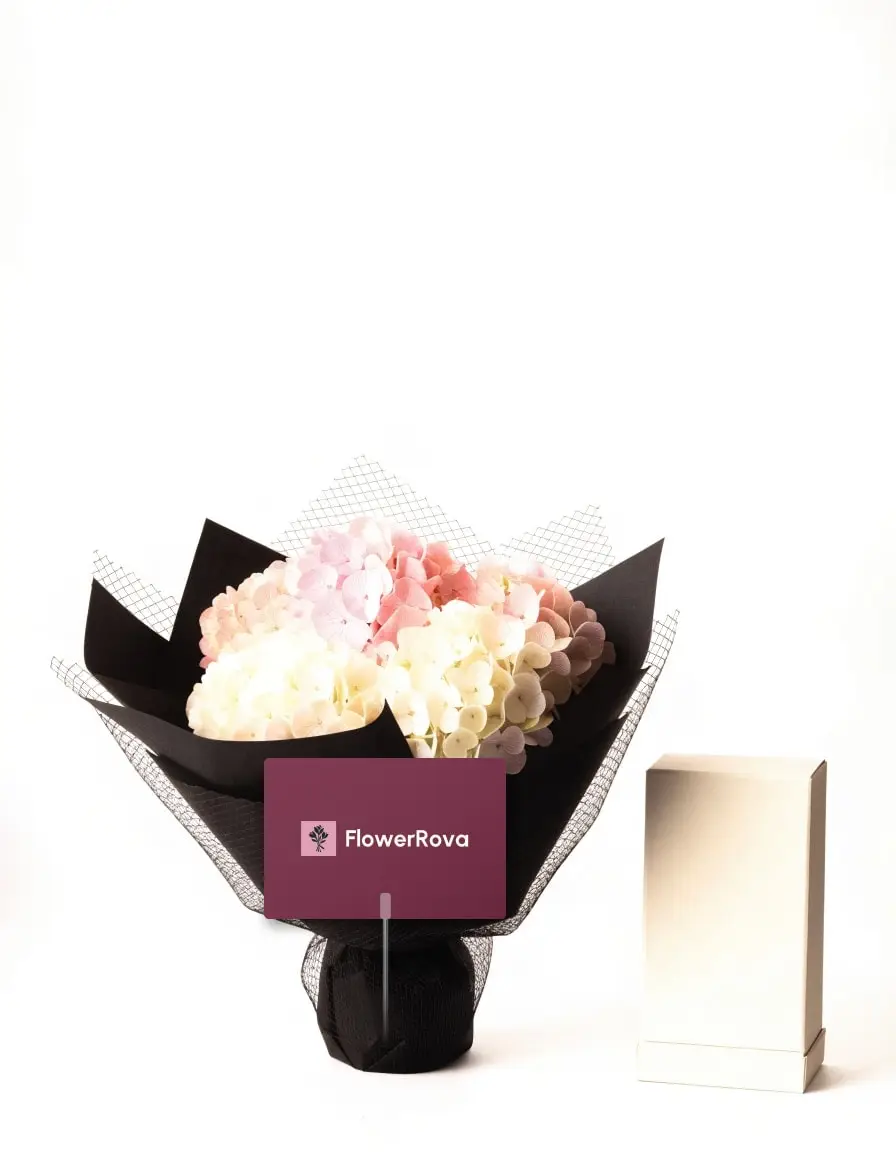 5 Hydrangeas beside an open box of assorted chocolates (5 pieces), product visualisation