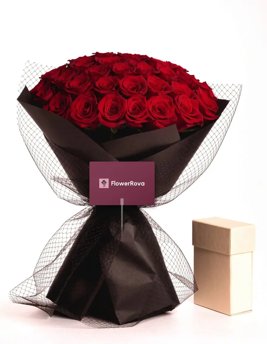 50 Red Roses beside an open box of assorted chocolates (24 pieces), product visualisation