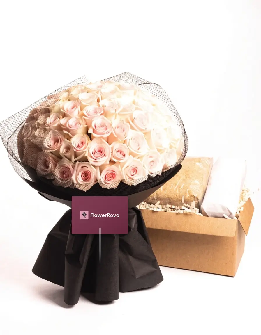 50 White + Pink Roses beside a gift hamper, product visualisation
