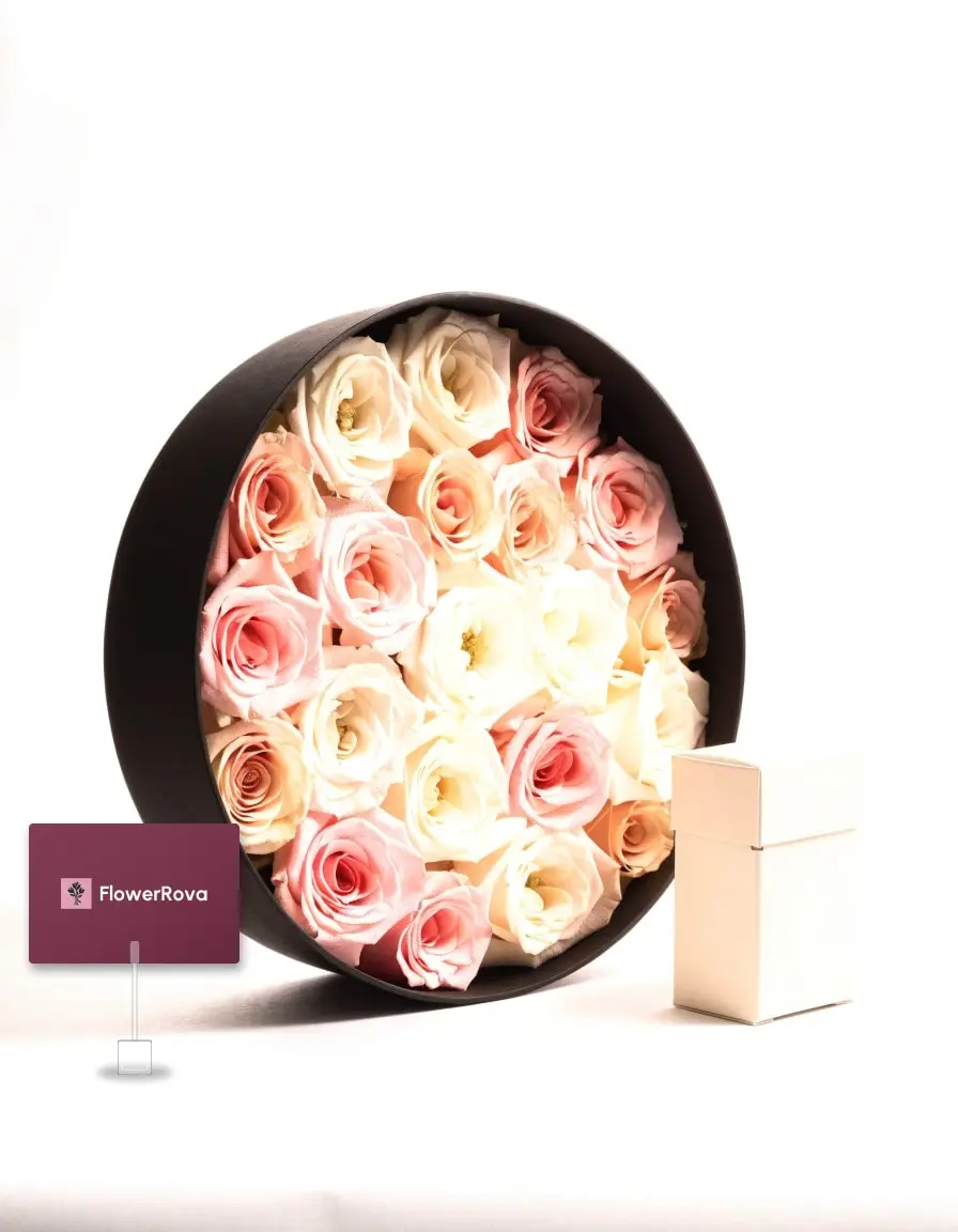 Preserved roses in a box beside an open box of assorted chocolates (5 pieces), product visualisation