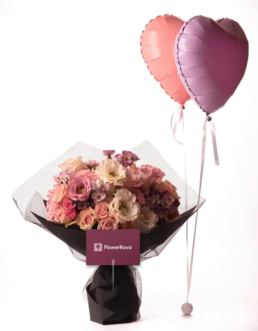 The Blush Hour beside a pair of heart balloons (custom + plain), product visualisation