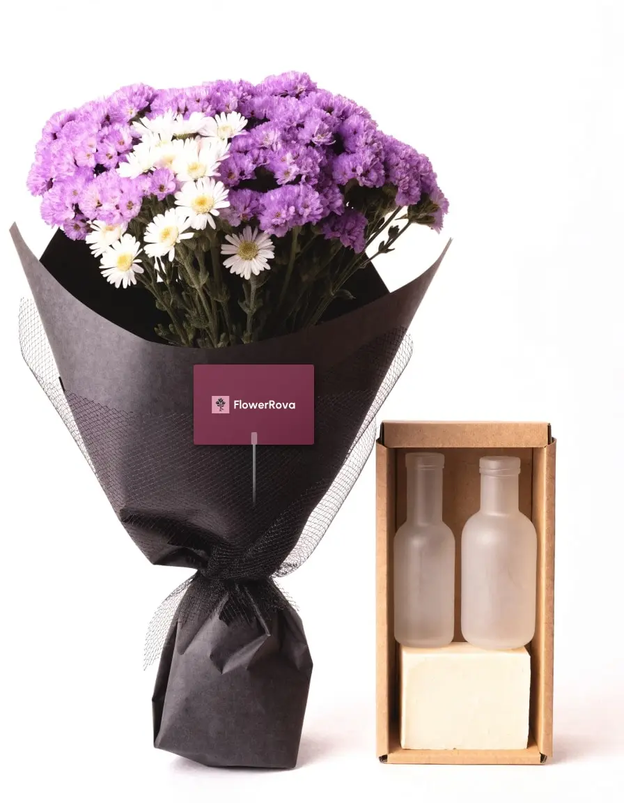 The Lilac Draft beside a relaxation set (tea, a candle and a reed diffuser), product visualisation