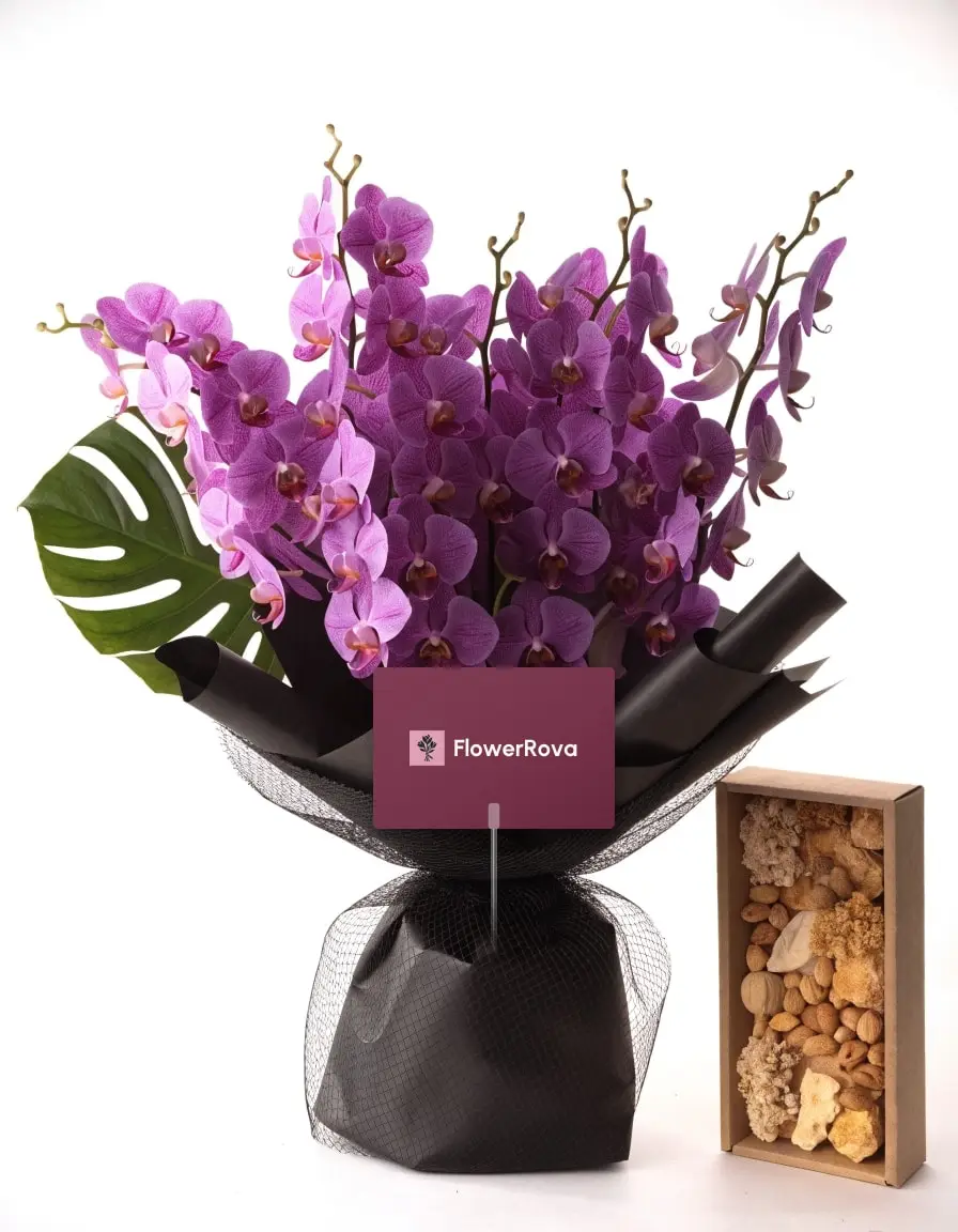 The Orchid Wall beside a gift hamper, product visualisation