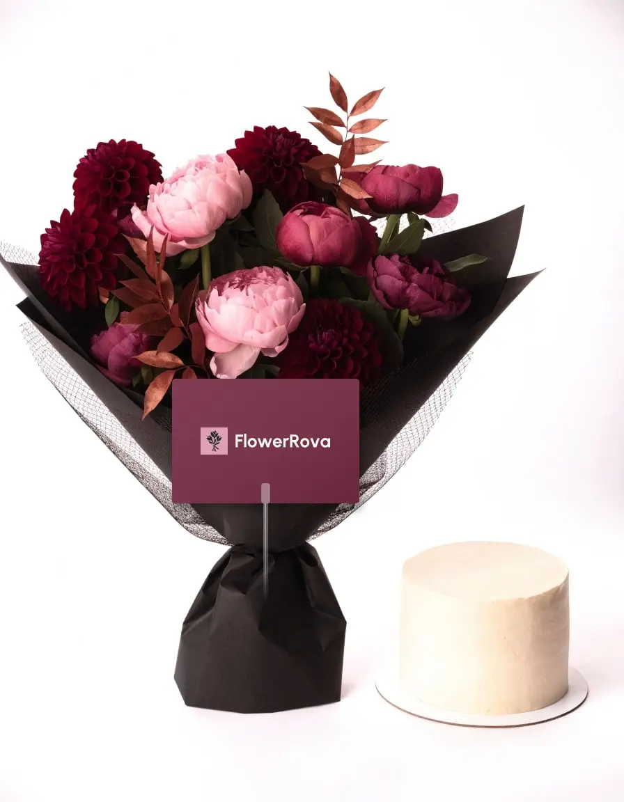 10 Pink Peonies beside a cake (1 lb), product visualisation