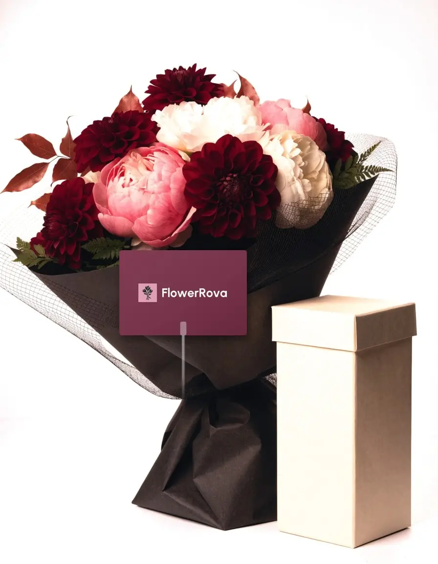 10 Pink Peonies beside an open box of assorted chocolates (12 pieces), product visualisation