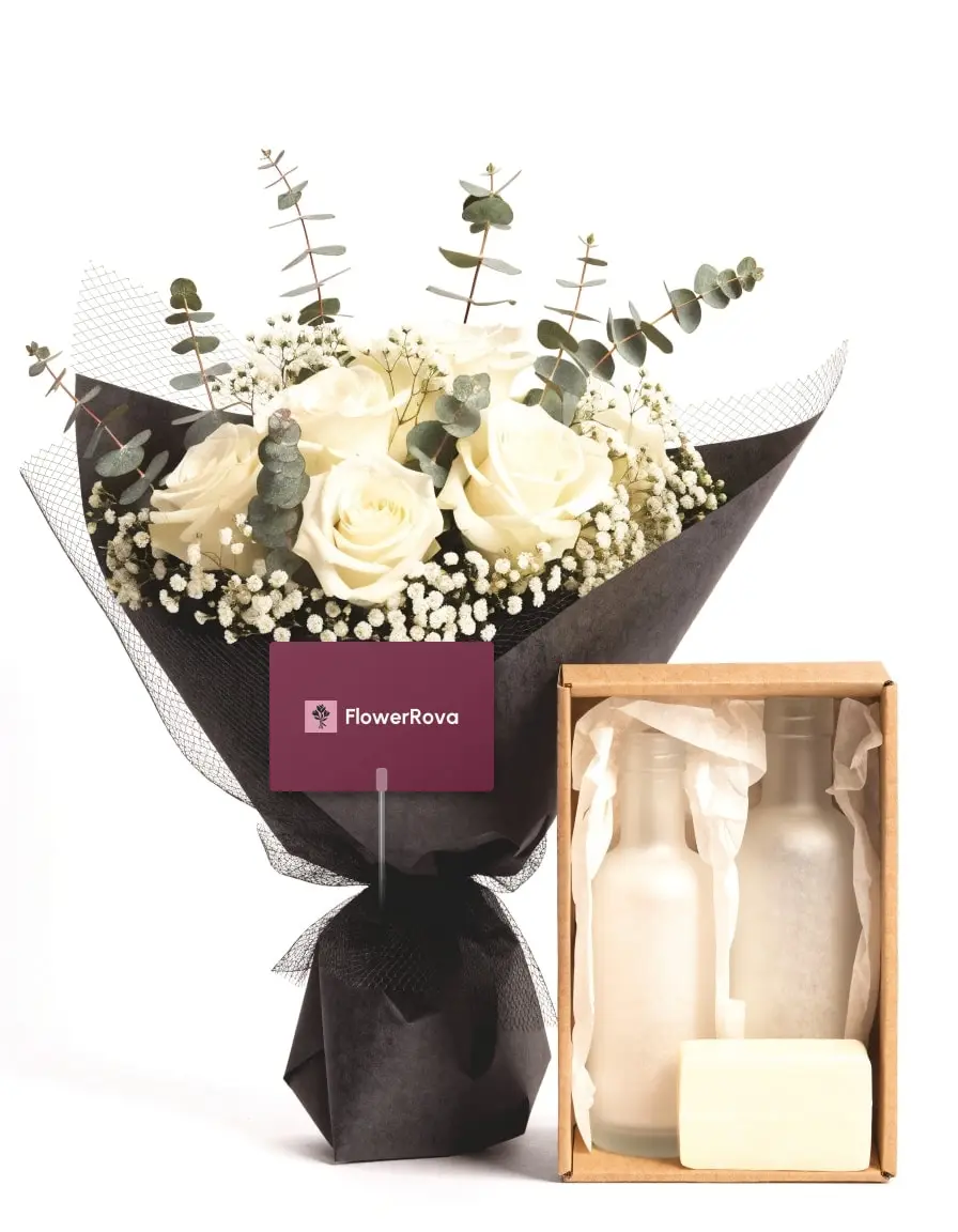 The Paper Moon beside a relaxation set (tea, a candle and a reed diffuser), product visualisation