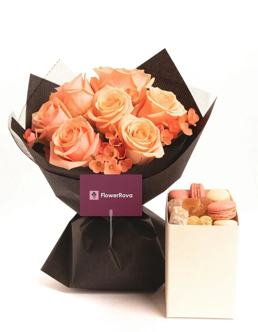 The Peach Fold beside a box of sweet treats (box), product visualisation