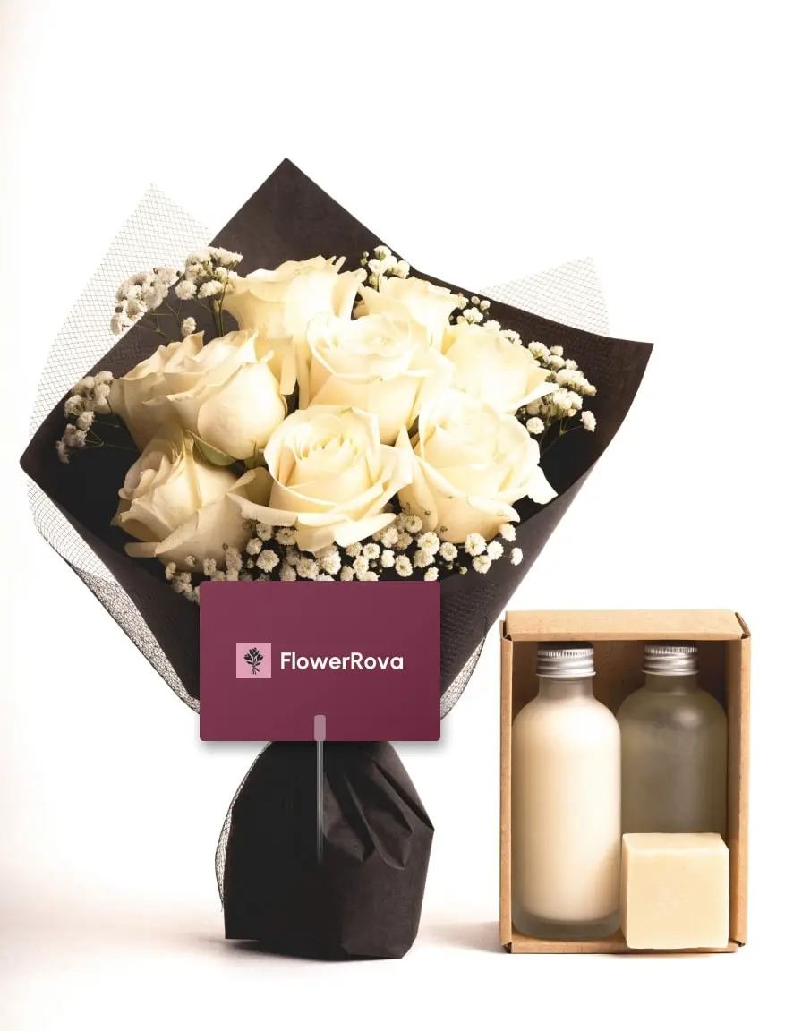 The Quiet Cream beside a relaxation set (tea, a candle and a reed diffuser), product visualisation