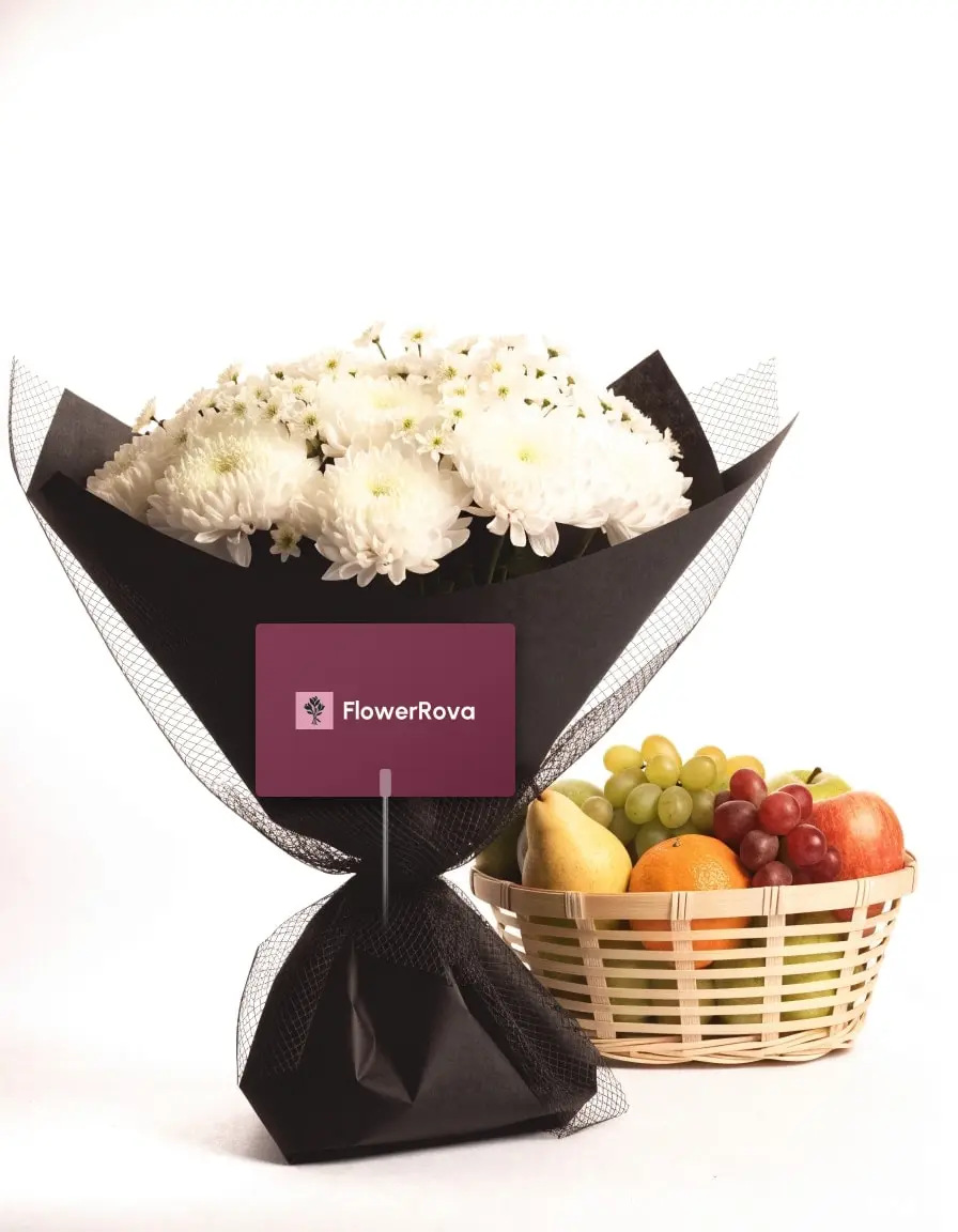 The Snow Sprig beside a fruit basket, product visualisation