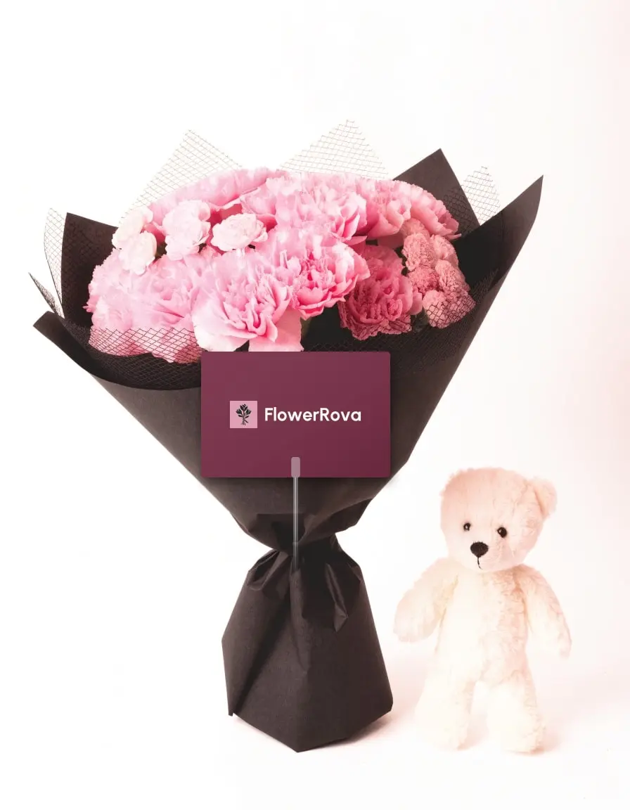 The Sugar Pink beside a plush bear, product visualisation