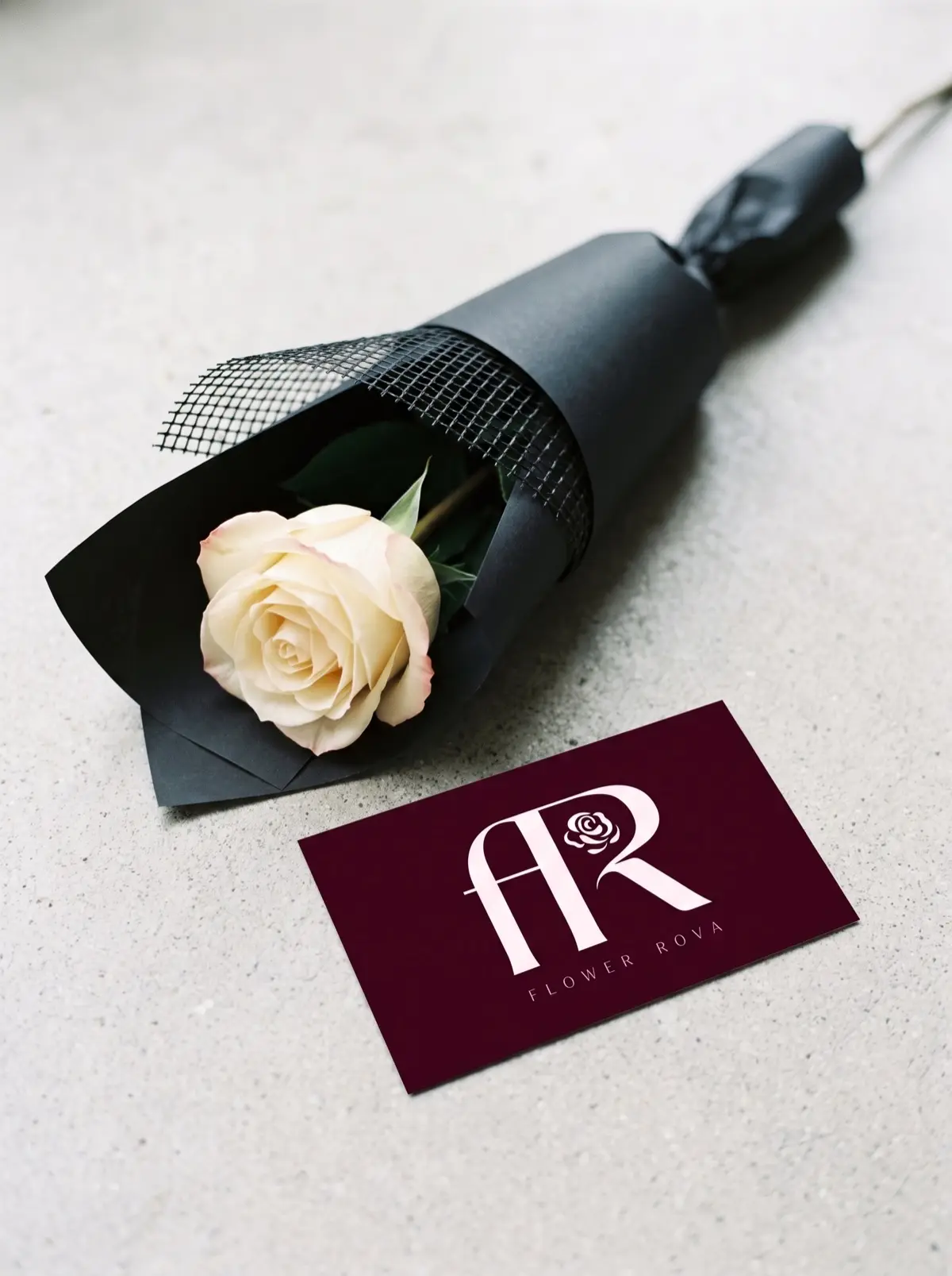 1 White + Pink Rose hand-tied in FlowerRova's black atelier wrap, Bangkok