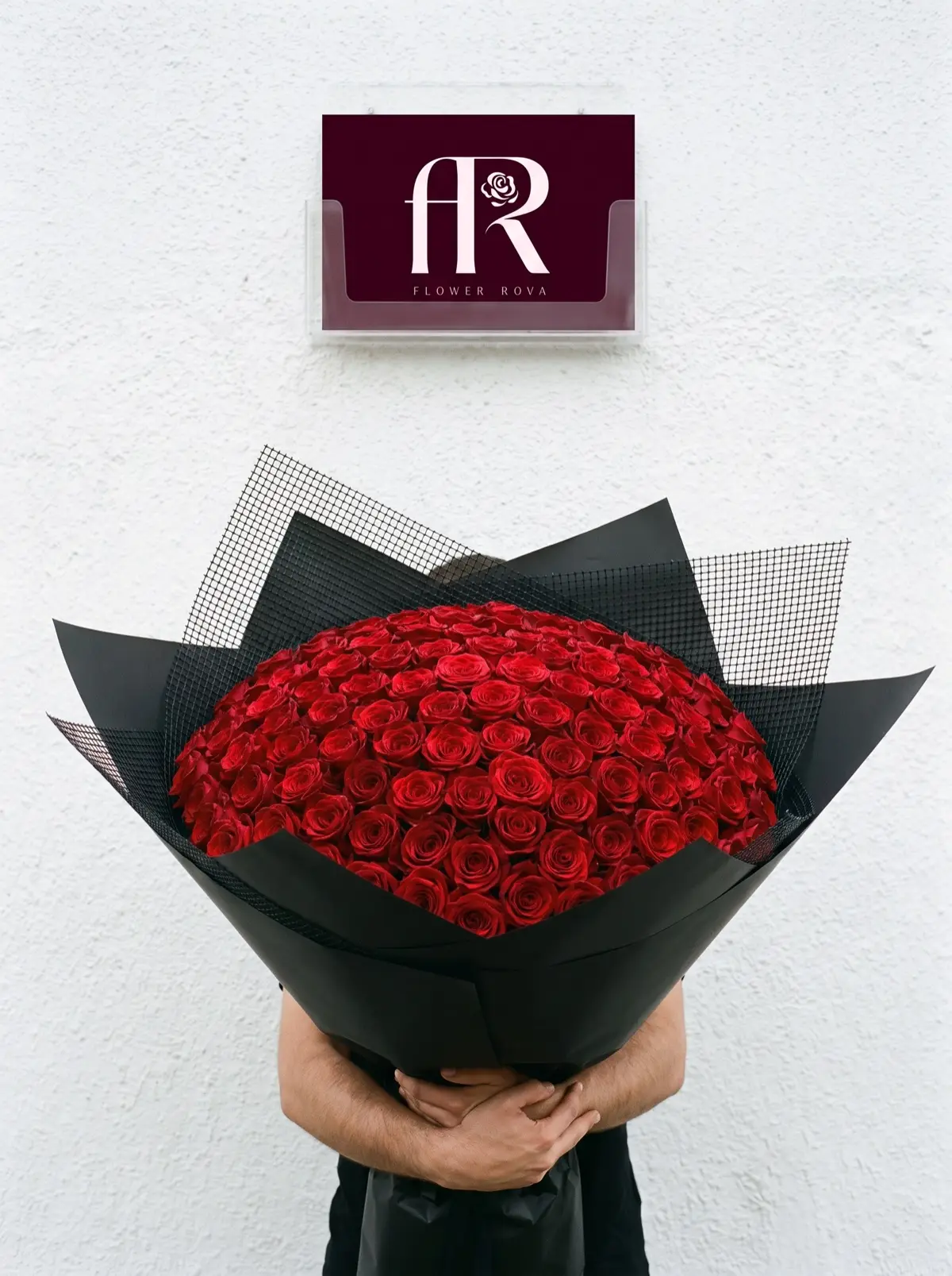 100 Red Roses hand-tied in FlowerRova's black atelier wrap, Bangkok