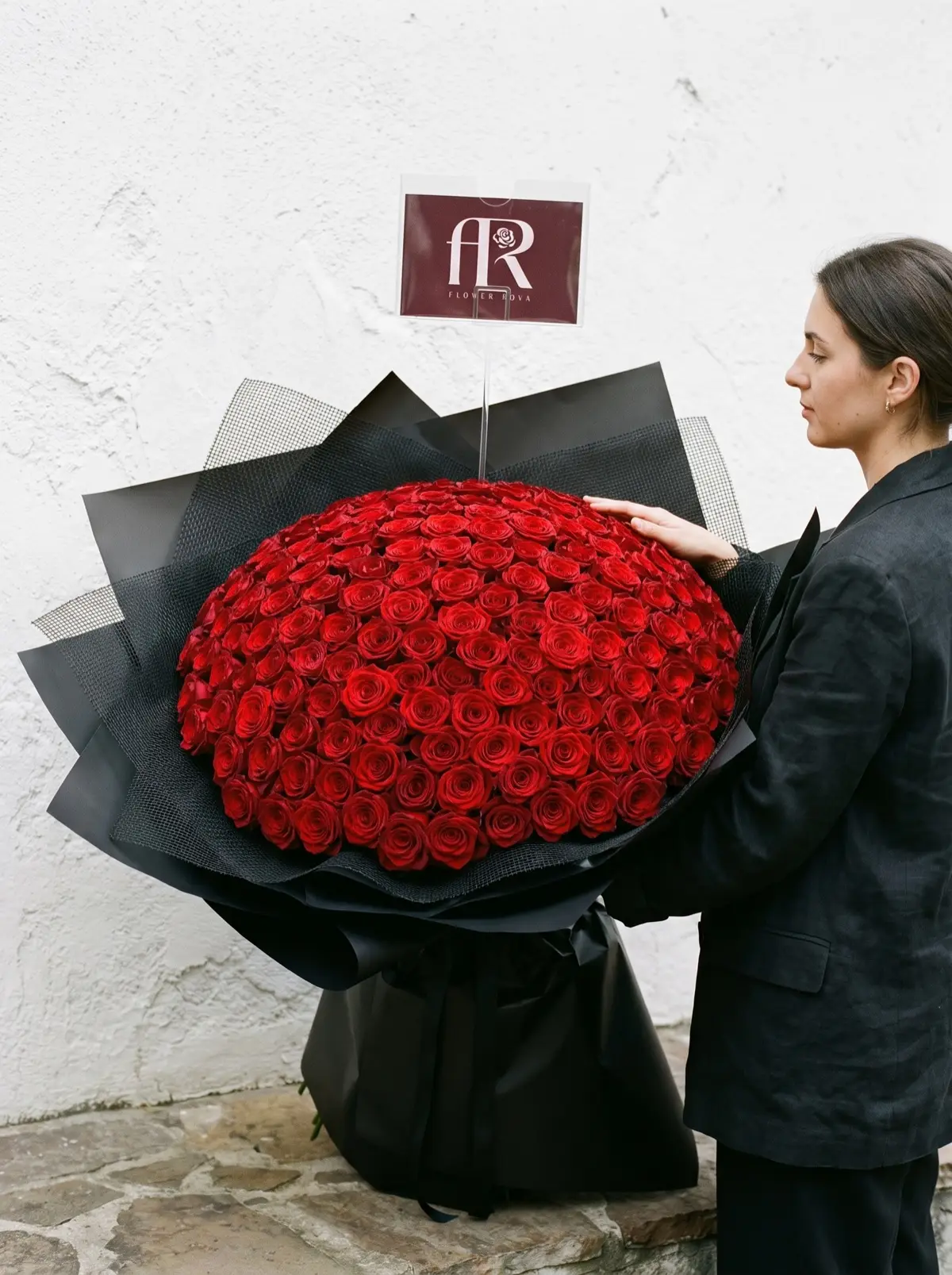 200 Red Roses hand-tied in FlowerRova's black atelier wrap, Bangkok
