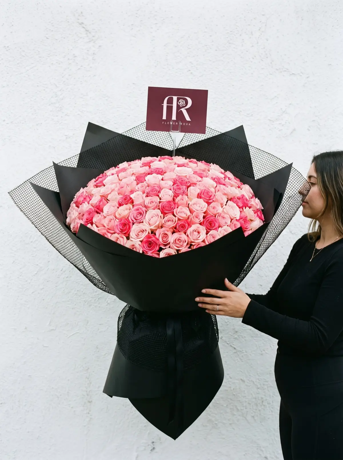 300 Pink Roses hand-tied in FlowerRova's black atelier wrap, Bangkok