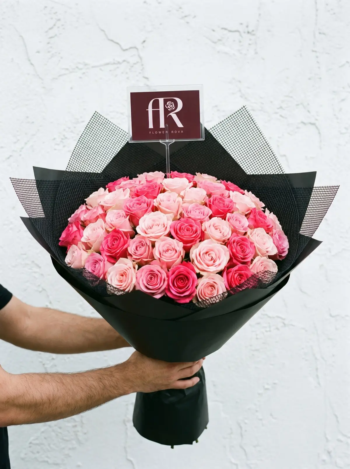 40 Pink Roses hand-tied in FlowerRova's black atelier wrap, Bangkok
