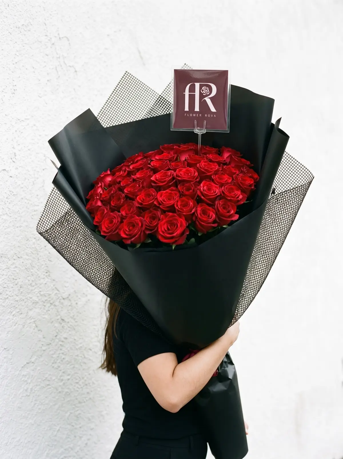 50 Red Roses hand-tied in FlowerRova's black atelier wrap, Bangkok